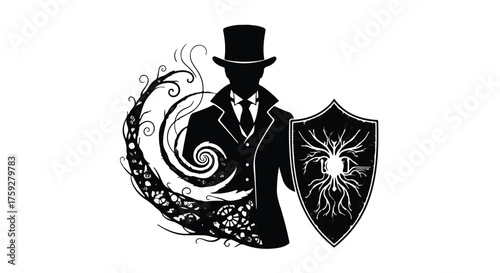 Mysterious gentleman in top hat with swirling dark energy and protective shield