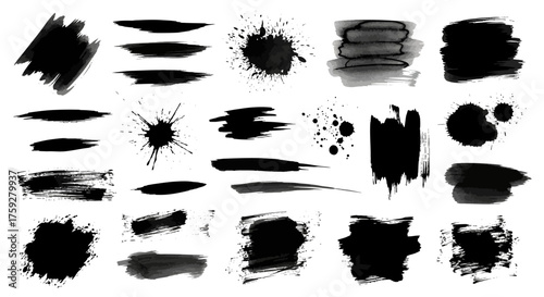 Collection of Black Ink Splatters and Brush Strokes Abstract Artistic Textures and Elements