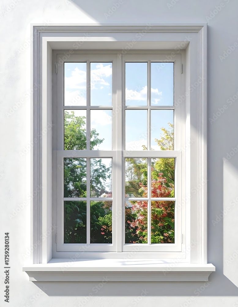 Obraz premium Rectangular window with white frame revealing a sunlit garden view