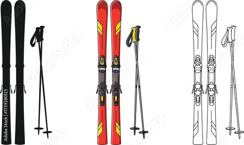 Ski and ski poles in color, silhouette, and outline styles for winter illustrations