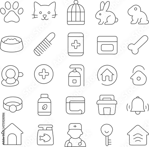 A collection of detailed line art icons representing essential pet care items and animal symbols, perfect for veterinary clinics or pet-related designs. The set includes a variety of animals.