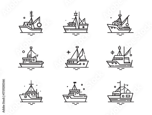 Fishing Boat Line Art Waves And Sky