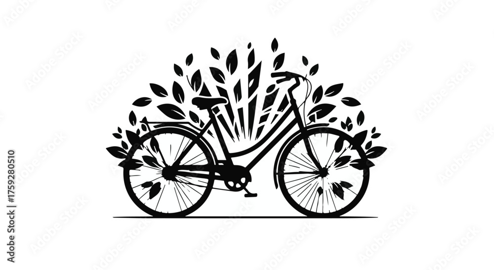 Fototapeta premium Stylized bicycle with growing leaves, symbolizing eco-friendly travel and nature.