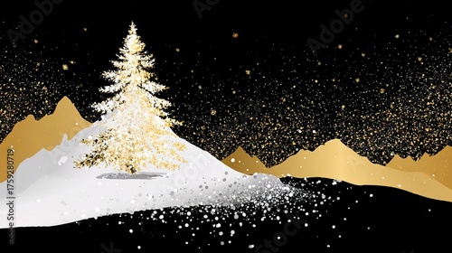 Luxurious Black and Gold Christmas Tree Background Image—Adorned with Shiny Gold Ornaments, Glittering Accents, and Elegant Details, Perfect for Holiday Cards, Festive Decor, Branding