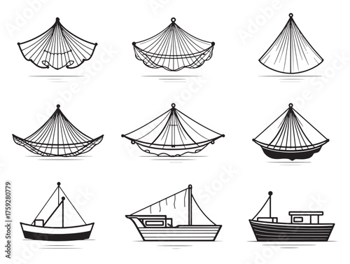 Fishing Net with Boat line art serenity calm waters