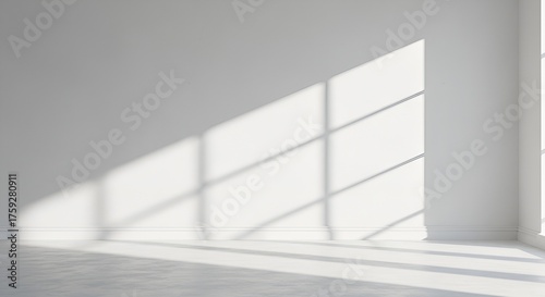 Sunlight streams through a window, casting stark shadows on the blank white wall and floor.