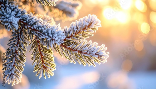 Frost Covered Pine Branch Illuminated by Golden Sunset Light Warm Tones Emphasizing Peace and Natural Wonder with Soft Bokeh Background