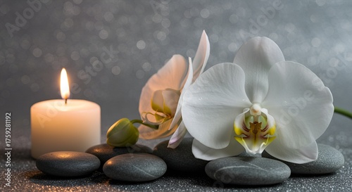 Still life featuring white orchids, smooth grey stones, and a glowing candle conveying tranquility.