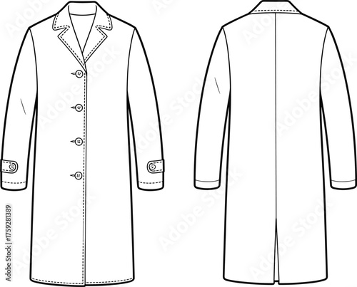 Long trench coat flat sketch, vector fashion CAD template with lapel collar, button front, and back vent – technical drawing