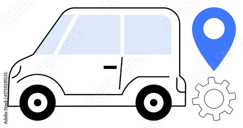 White compact car, blue location marker, gray gear icon highlight navigation, map services, route planning, ridesharing, car rental, vehicle maintenance technology connections. Simple flat metaphor