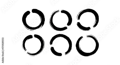 Six Circular Brush Strokes Representing Enso Zen Circles in a Grid Formation Against a White Background