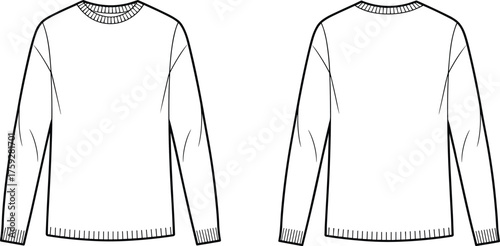 Basic crew neck long sleeve sweater flat sketch – unisex pullover knitwear fashion technical drawing front and back CAD template