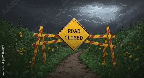 Eerie cartoon artwork shows a blocked path with yellow sign under stormy skies outdoors.