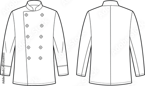 Chef jacket flat sketch, fashion technical drawing, apparel design template, double breasted uniform, stand collar long sleeve, professional kitchen wear, vector illustration