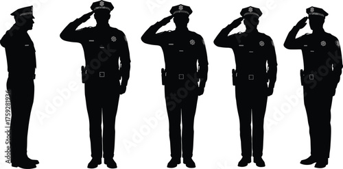 Flat vector illustration of police officers saluting in uniform, law enforcement concept, justice protection, security service, public safety, authority design