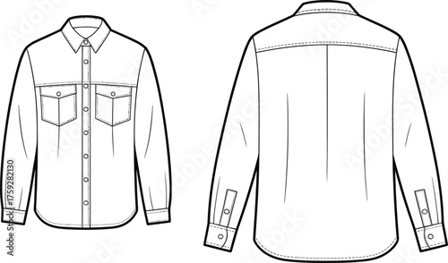 Denim shirt flat sketch with chest pockets, long sleeve button-up shirt technical drawing front and back, fashion CAD template