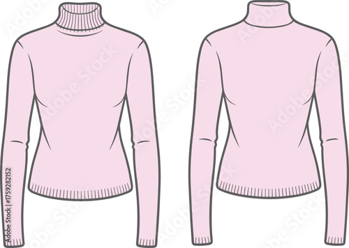 CAD drawing flat vector of women’s turtleneck sweater long sleeve front and back view technical fashion illustration design