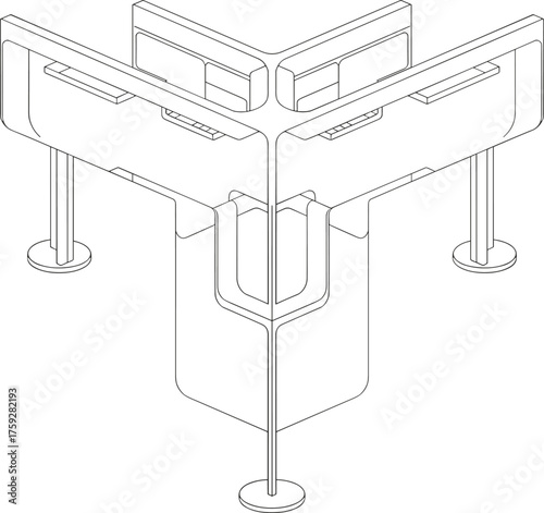 Isometric modular office workstation illustration, Y shaped desk partition system, collaborative workspace furniture design, ergonomic office layout drawing, flat vector