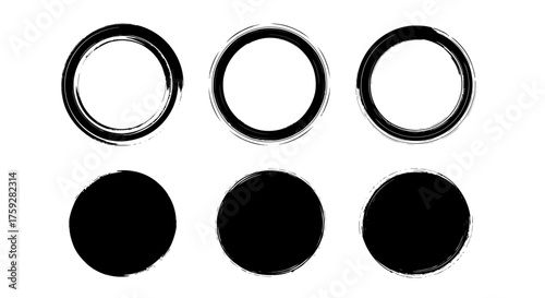 Six Abstract Brush Stroke Circles Demonstrating Contrasting Filled and Empty Forms in Bold Black Ink Against a Clean White Background