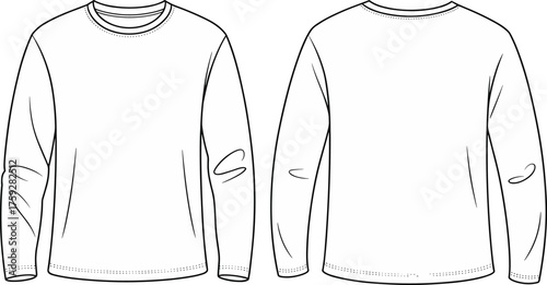 CAD drawing flat vector of long sleeve t-shirt front and back view, blank apparel template for fashion design illustration