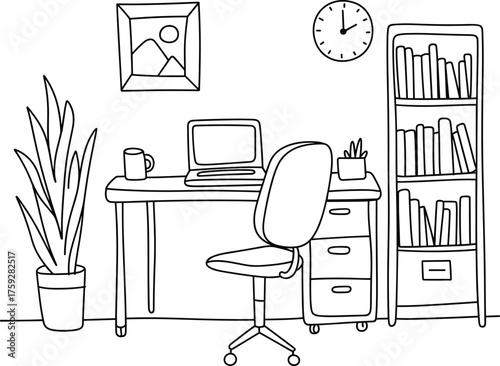 Flat vector illustration of cozy home office workspace, desk with laptop, chair, coffee cup, bookshelf, and indoor plant