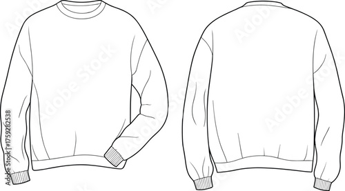 Unisex crew neck sweatshirt flat sketch – long sleeve pullover technical drawing for fashion design and clothing CAD template