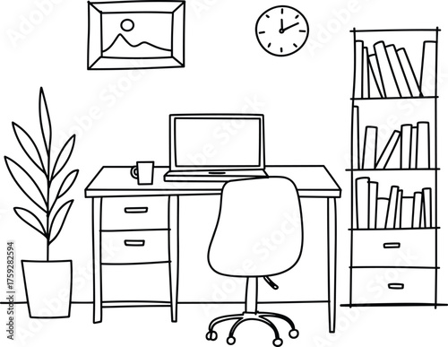 Flat vector illustration of modern home office workspace, desk with laptop, chair, plant, bookshelf, and wall clock decor