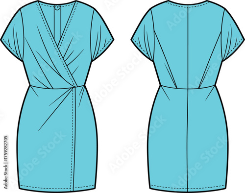 Women dress flat sketch, fashion technical drawing, apparel design template, V neck wrap dress, short sleeve, knee length, vector illustration