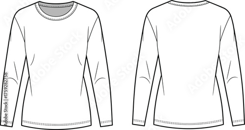 Women’s basic long sleeve T-shirt flat sketch with crew neck, fashion CAD front and back technical drawing for design use