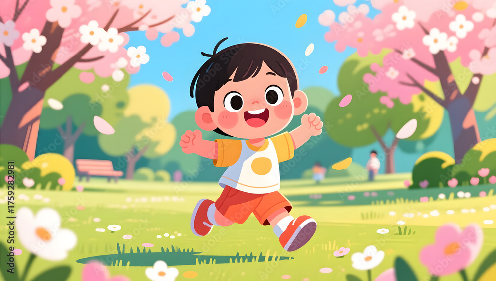 Fototapeta premium Cartoon kid playing outdoors on Children's Day