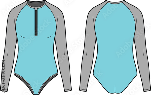 Women’s long sleeve surf swimsuit flat sketch with front zipper, fashion CAD technical drawing, color-block rash guard bodysuit design