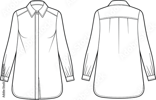 Women’s long sleeve tunic shirt flat sketch with collar and button front, fashion CAD front and back technical drawing