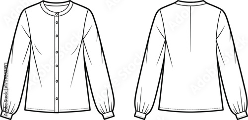 Women’s round neck blouse flat sketch with long puff sleeves and front buttons – fashion CAD technical drawing