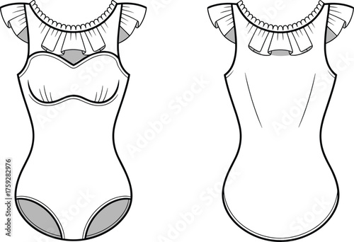Women’s ruffle neck one-piece swimsuit flat sketch – gathered bust swimwear CAD with frill collar and sleeveless design