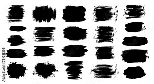 A Collection of Twenty-Four Black Grunge Brush Stroke Textures for Artistic Backgrounds and Design Elements