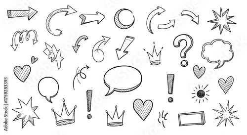 Collection of Hand Drawn Doodle Elements Including Arrows Speech Bubbles Hearts Stars and Crowns for Design and Decoration