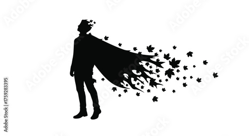 Mysterious silhouette of a person with a flowing cloak transforming into autumn leaves against a white background.