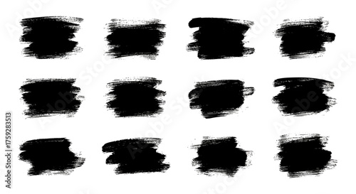 A Collection of Thirteen Distinct Black Paint Brush Strokes Displayed in a Grid Arrangement on a White Background Showing Various Textures and Strokes