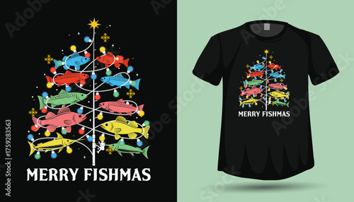 Merry Fishmas Christmas Tree Made of Fish and String Lights T-Shirt Graphic Design