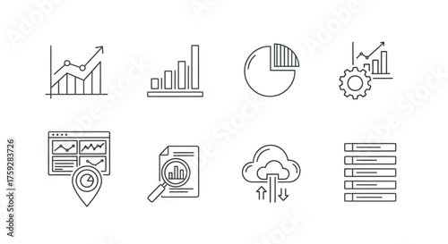 Collection of data analysis and business intelligence icons for digital presentation and reports vector