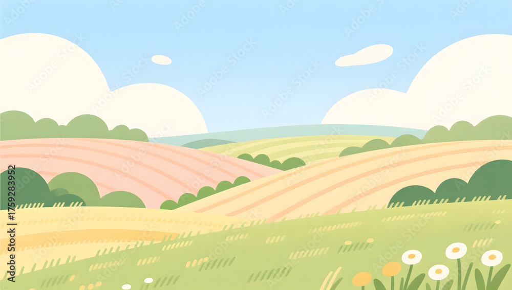 Fototapeta premium Warm and tranquil summer landscape flat illustration