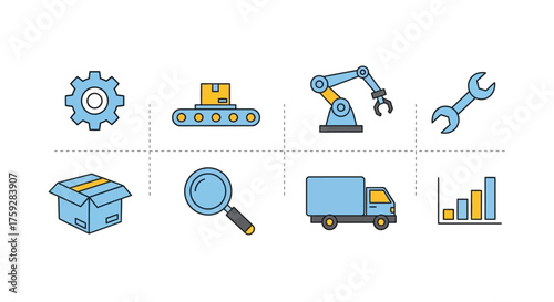 Collection of industrial technology icons for logistics and manufacturing processes vector