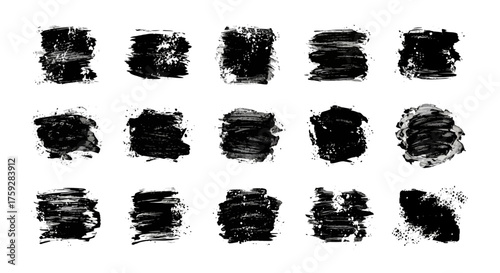 Collection of Fifteen Black Textured Brush Stroke Swatches With Grungy Edges