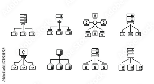Set of eight hand drawn flowchart icons representing data structures and hierarchical organization vector