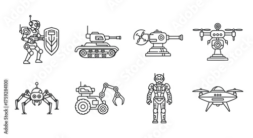 Retro sci-fi robot and futuristic vehicle line drawings collection vector