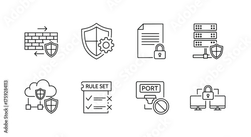 Cybersecurity icons featuring firewall cloud shield document server and network security concepts vector