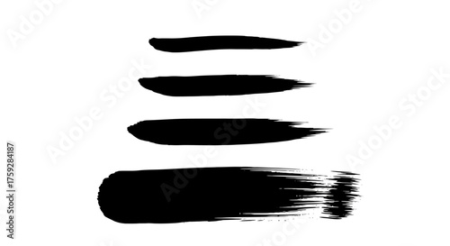 A Collection of Five Distinct Black Ink Brush Strokes Demonstrating Variations in Width and Texture