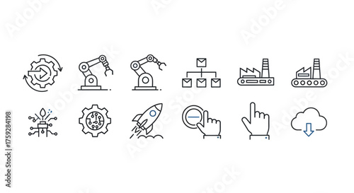 Industrial automation technology icons set for manufacturing and production industry concepts vector