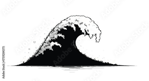 Dramatic black and white wave crashing with foamy crest against a white background.