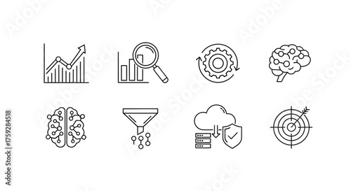 Set of simple line icons for data analysis business strategy technology and brainstorming concepts vector